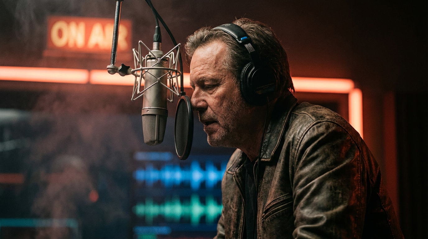 Veteran radio broadcaster on air at a studio microphone under a glowing ON AIR sign, the kind of local human voice AI can't replace