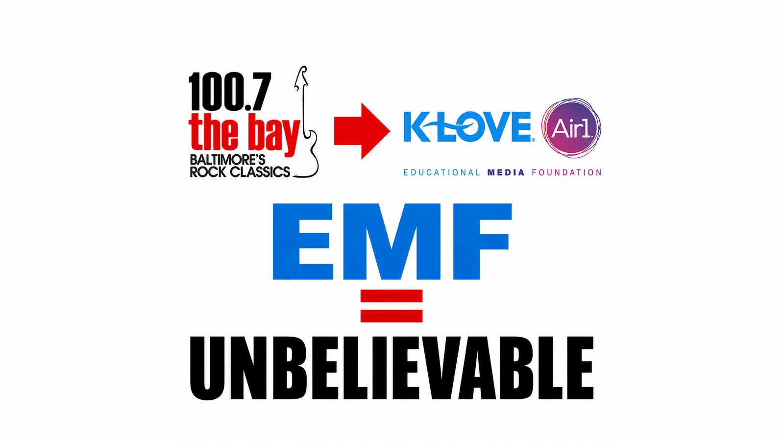 100.7 The Bay, Baltimore's Rock Classics, replaced by K-LOVE and Air1 from Educational Media Foundation