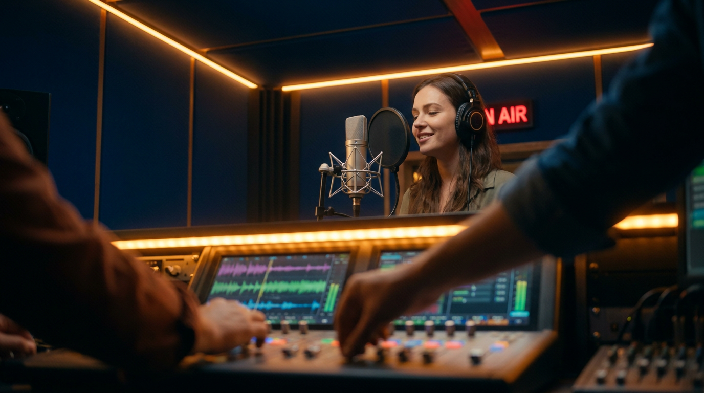 Radio station jingle session in a studio, a singer at the mic laying down a sung station logo while a producer mixes the sonic branding package